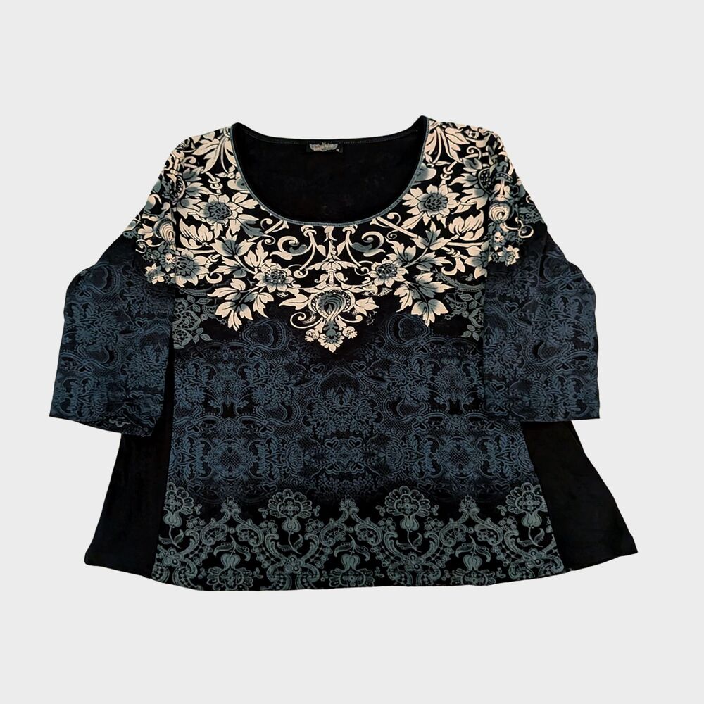 Vintage Vanilla Sugar Top Womens 1X Black Y2K Grunge Damask Floral 3/4 Sleeve